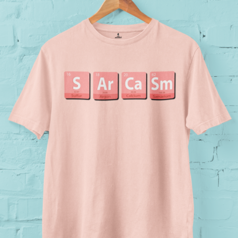 "SARCASM T-shirt – Funny chemistry-inspired graphic tee with periodic table font design""SARCASM T-shirt – Funny chemistry-inspired graphic tee with periodic table font design"